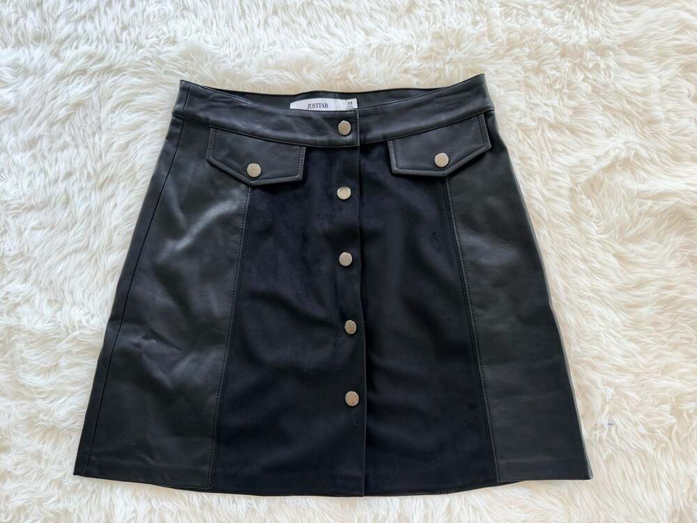 JustFab Black Faux Leather and Suede Button-Front Mini Skirt
